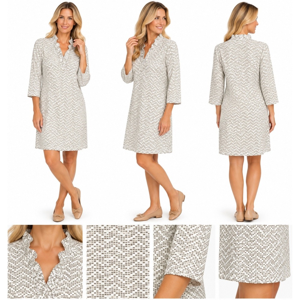 J McLaughlin Dress M Geometric Catalina Cloth Ruffle Neck Shift Coastal Travel